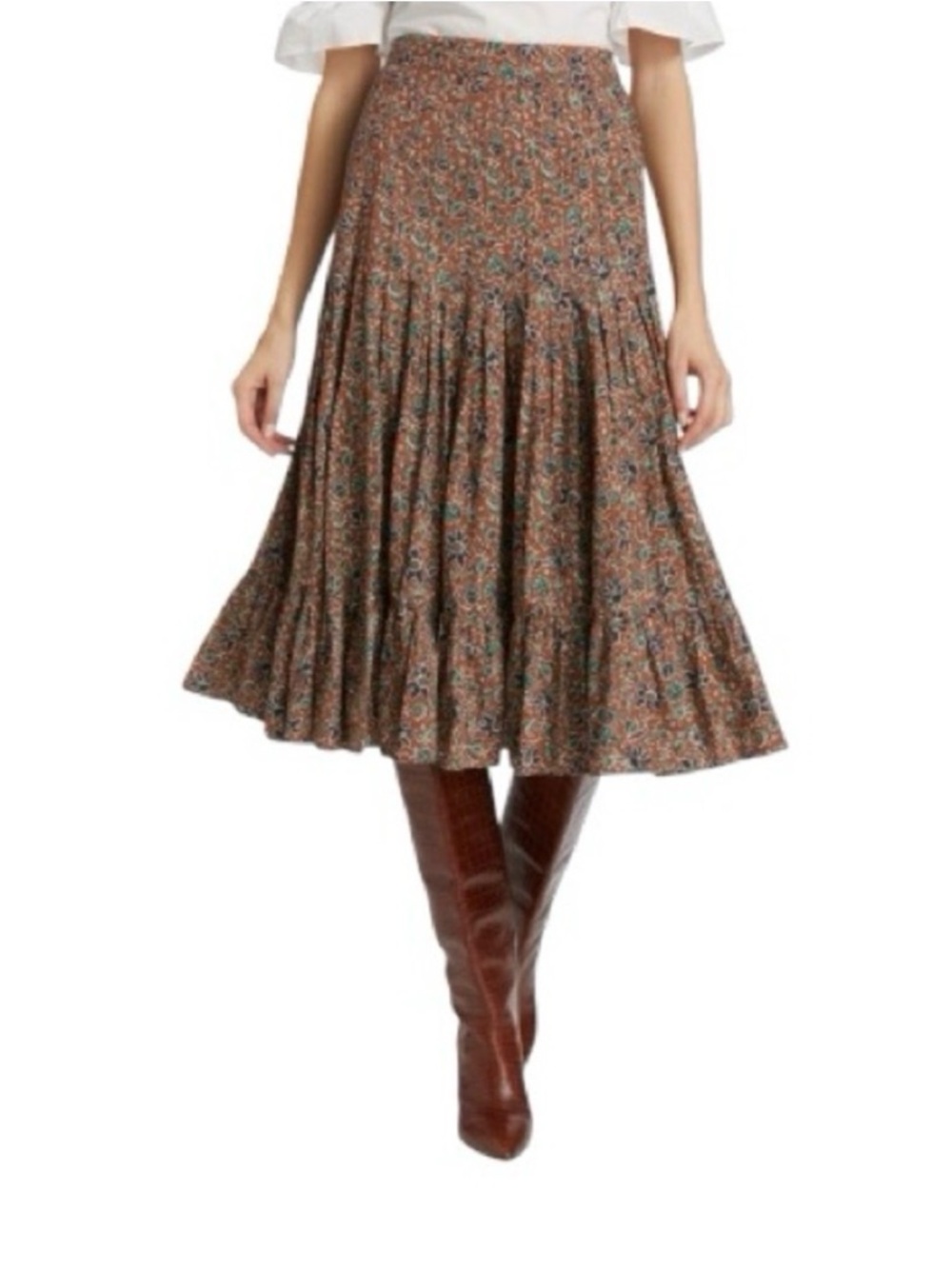 Veronica Beard Brown Cotton Floral Pleated Cottage Boho Tiered Midi Skirt SZ 6